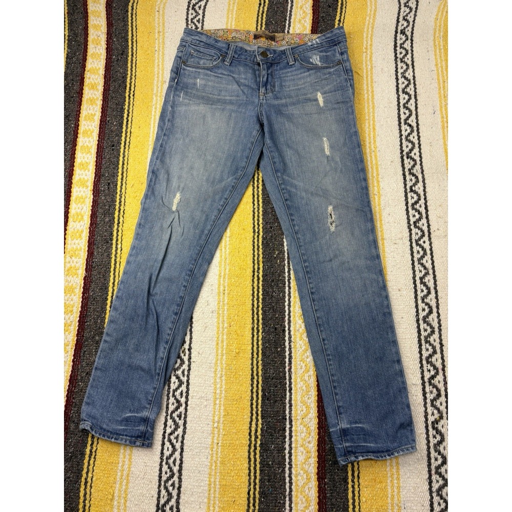 Paige Skyline Skinny Jeans Womens 29 Medium Wash Distressed Raw Hem Blue Denim